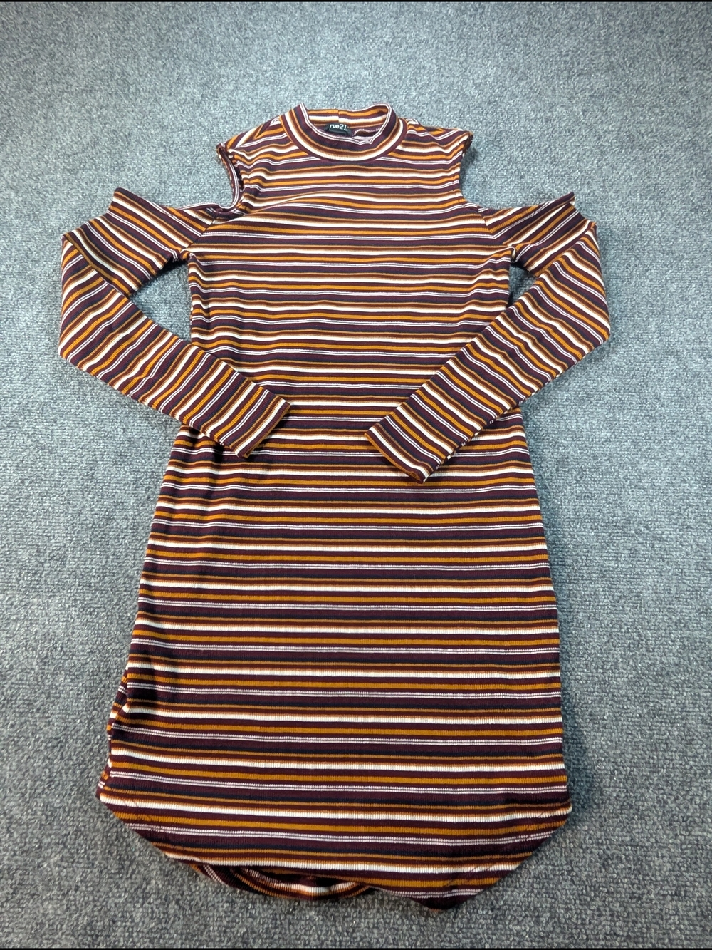 Rue21 Striped Cold-Shoulder Long Sleeve Dress in Brown, Mustard, Cream